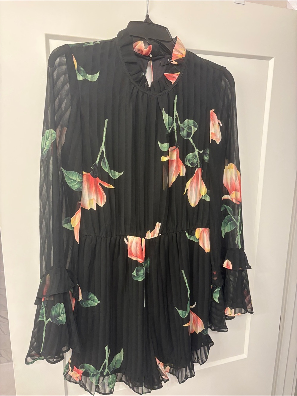 Lulu's Black Floral Pleated Long-Sleeve Mini Dress